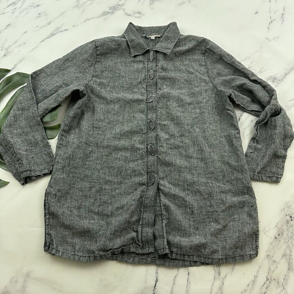 Earth Song Womens Linen Tunic Top Size XL Gray Chambray Leaf Buttons Lagenlook